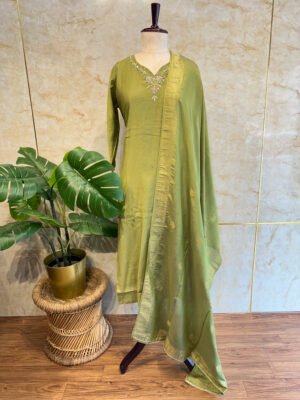 Green Embroidery Chanderi 3-Piece Set