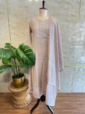 Elegant Beige Mul Chanderi 3-Piece Set