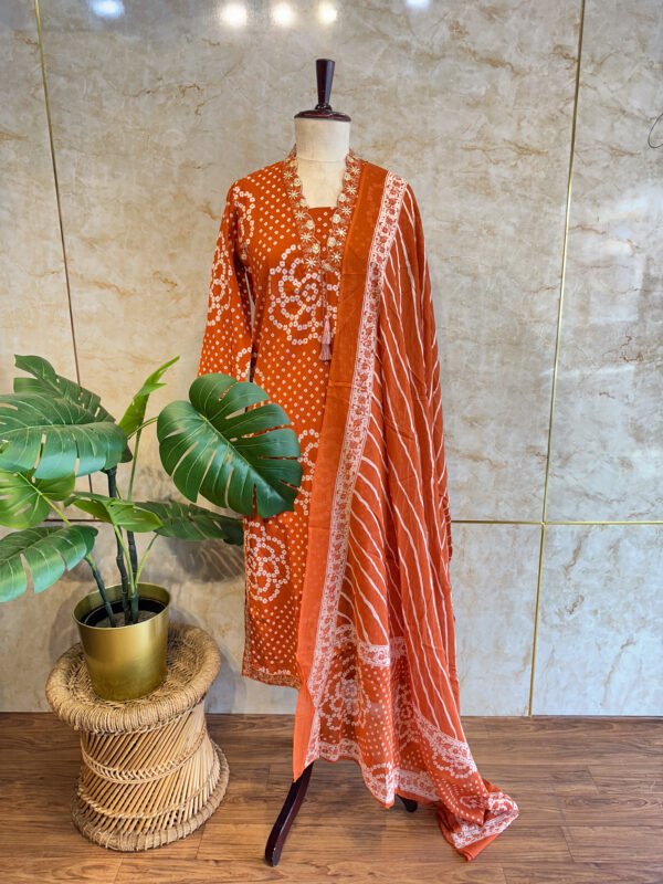 IMG_1825 Elegant Rust Orange Bandhini 3-Piece Set