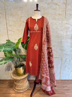 IMG_1840 Rust Orange 3-Piece Set with Digital Print Dupatta