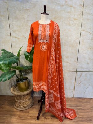 Cotton Rust Orange Mirror Work 3-Piece Set