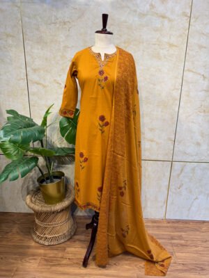 IMG_1849 Mustard Yellow 3-Piece Set with Red Flower Block Print
