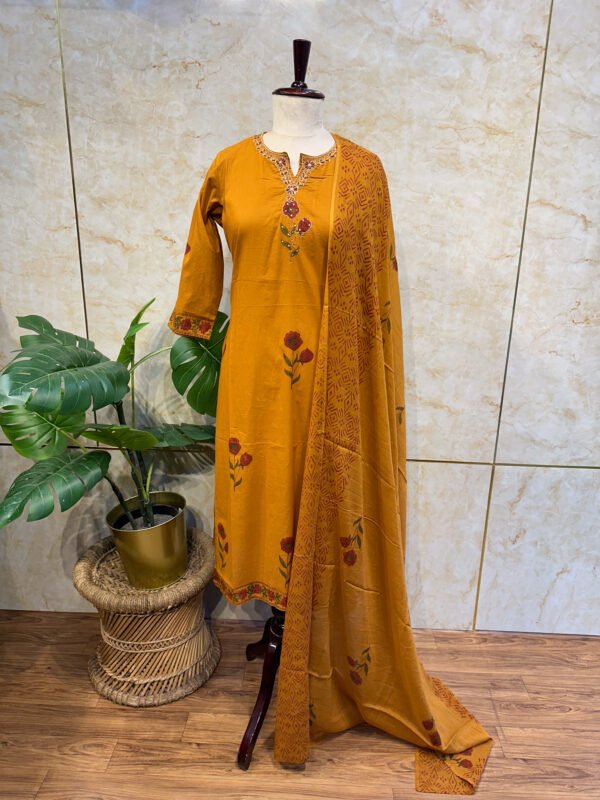 IMG_1849 Mustard Yellow 3-Piece Set with Red Flower Block Print